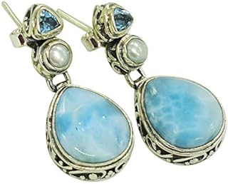 Ravishing Impressions Attractive Larimar Pearl & Blue Topaz Gemstone 925 Solid Sterling silver Stud Earrings Handmade Jewelry For Women