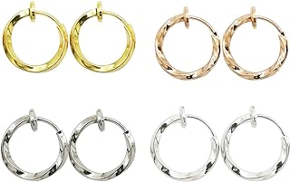 LAXPICOL Twisted Clip On Earrings 4PCS Different Color Gold Silver Black Rose 0.51IN/0.59IN/0.70IN/0.78IN Stainless Hoop Earrings Clip On Earrings for Women Girls No Piercing