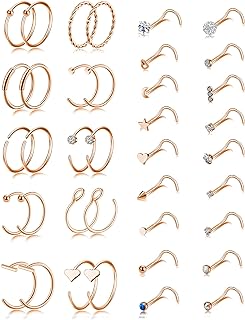 Tornito 20G 38Pcs Stainless Steel L Bone Screw Shaped Nose Studs Nose Rings CZ Hoop Tragus Cartilage Nose Ring Labret Nose Piercing Jewelry for Men Women Rose Gold Tone