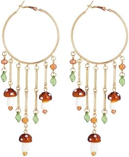 Colorful Boho Tassel Hoop Earrings Mushroom Leaves Dangle Earring for Women