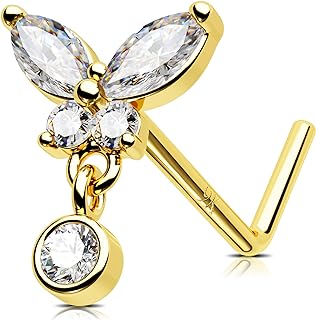 Jewseen 9K Gold Nose Rings Stud Butterfly Nose Stud Dangle CZ Nose Piercing Jewelry Nose Piercings L Shaped Nose Ring for Women Men