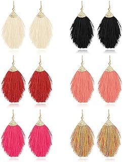 Tornito 6 Pairs Layered Tassel Statement Earrings Bohemian Multi Colors Long Feather Tiered Thread Tassel Fan Fringe Dangle Drop Earrings Handmade for Women