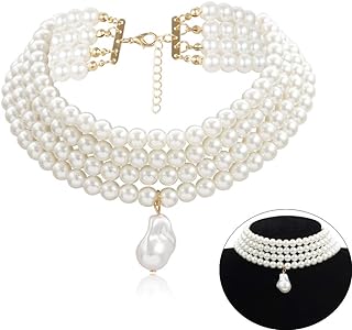 Simulated Pearl Chokers Multi-Layer Pearl Necklace Multi-Strand Pearl Statement Bridal Choker Necklace for Wedding Party Jewelry 20s Flapper Necklace for Party-Round L Size