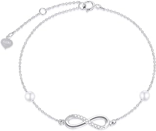 SISGEM 14k Gold Natural Diamond Infinity Anklets for Women, Real Gold Pearl Jewelry Ankle Bracelet Gifts for Her, 9.4-11 Inch