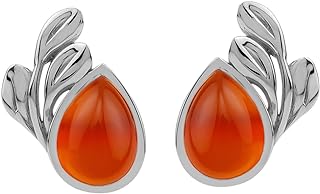 White Gold Plated Sterling Silver Leaf Design Stud Earrings with Orange Carnelian Gemstone for Women, Featuring Unique Secure Back Finding