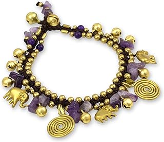 Other-Clasp Braided Chain Amethyst Charm Bracelet with Quartz and Brass Elephant Details, Handmade in Thailand for Women - 'Splendor Of Siam' Design