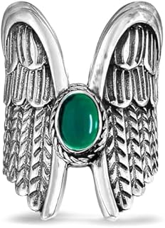 Oval Genuine Gemstone Angel Wings Wide Band Ring,Retro S925 Sterling Silver Natural Oval Quartz Crystal Stone Cocktail Party Gothic Punk Full Finger Chunky Statement Band Ring for Women