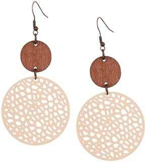 Boho Vintage Wood and Stainless Steel Dangle Earrings with French Clip for Women - Eco-friendly Wooden Drop Design