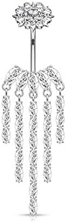 Forbidden Body Jewelry Surgical Steel Dangle Belly Button Ring with Drop CZ Chandelier & Internally Threaded CZ Flower Top