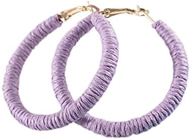Handmade Alloy Clasp Raffia Hoop Earrings with Rattan Gem for Women, Bohemian Style Design