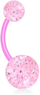 No-Metal Type Clasp Bioflex Belly Ring with Glitter Double Balls - Suitable for Sensitive Skin - Available in Clear, Red, Pink for Unisex - Simple and Stylish Design