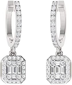 Celebrity Diamond Hoop Earrings with Lever Back and Drop Design for Women, Certified Round and Baguette-cut Diamonds on 14k White Gold-Jewelry