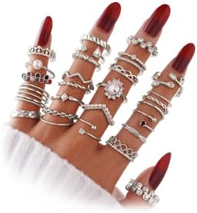 KISS WIFE Gold Silver Stackable Knuckle Rings Set for Women Girls, Boho Trendy Dainty Cute Sparkling Aesthetic Midi Rings Pack,Crystal Rhinestone Pearl Costume Jewelry, Christmas Gifts for Teen Girls