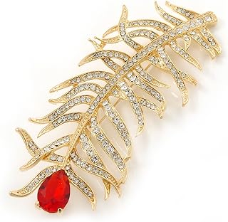 Gold-Plated Exotic Feather Brooch with Pin Clasp for Sophisticated Fashion Enthusiasts - Cubic Zirconia and Crystal Design