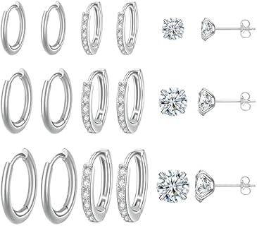 9 Pairs Surgical Steel Earrings Sets,Lightweight Cubic Zirconia Huggie Hoop Earrings Hypoallergenic Hoops Cartilage Stud Earrings for Multiple Piercing for Women Trendy