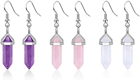 Jovivi 3Pairs Healing Crystals Earrings Sets for Women Girls Natural Real Amethyst Rose Quartz Stone Healing Hexagonal Points Crystal Chakra Dangle Earrings