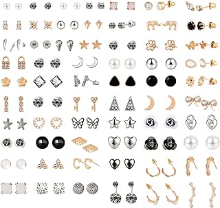63 Pairs Stud Earrings Set for Women Girls Hypoallergenic Assorted Cute Moon Lock Stars Faux Pearl Jewelry for Any Occasion