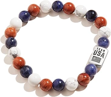 Alex and Ani Collaborations Beaded Stretch Bracelet, Team USA, Red/White/Blue Beads, Rafaelian Silver Finish, Fits Wrists Sizes 6 to 8 in