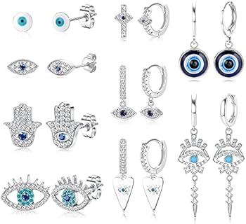 14k Silver Gold Plated Stainless Steel Hoop and Stud Earrings Set with Cubic Zirconia Evil Eye Design for Women by Sanfenly - 9 Pairs
