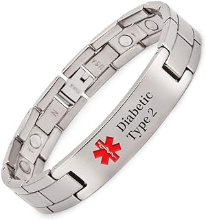 Safety Buckle Titanium Beaded Medical Alert Bracelet in Silver, Comfortable Chain for Men and Women with Type 2 Diabetes, Striking Symbol Design by EnerMagiX