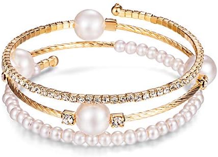 Open Layered Simulated Pearl Wide Crystal Bracelet Multilayer Glaring Rhinestone Cuff Bangles Jewelry for Women Girls
