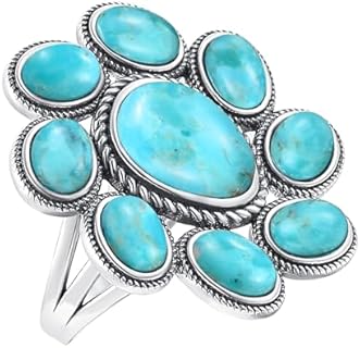 Turquoise/Coral Ring Women's 925 Sterling Silver Turquoise Statement Rings Boho Style Oxidized Silver Flower Ring Valentines Gifts Size 6-10