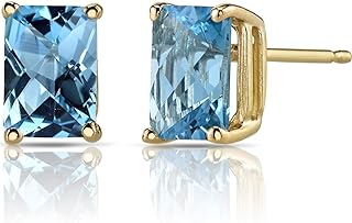 14K Solid Yellow Gold Swiss Blue Topaz Stud Earrings with Push Back for Women, Genuine Gemstone Birthstone Solitaire Design