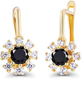 Hinged Post 14K Gold Pink Sapphire Hoop Earrings with Onyx and Created Sapphire Details for Women in Round Flower Design