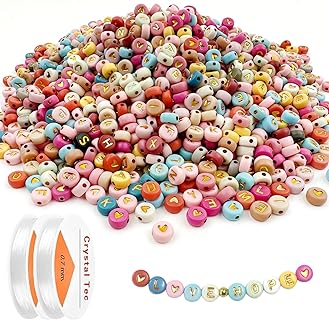 2000pcs Anlan-Angel Acrylic Letter Beads in Golden Alphabet Print with Heart Design & Elastic String for Bracelet and Jewelry DIY Crafts