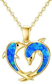 14K Solid Gold Rolo Chain Dolphin Necklace with Blue Opal Heart Pendant - Ideal Gift for Moms, Wives and Girlfriends - A Symbol of Eternal Love and Protection