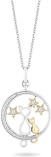 Spring Ring Clasp Diamond Star Pendant Necklace, Cable Chain, White Diamond for Cat Lovers, Sterling Silver and 14K Yellow Gold Mom and Baby Cat Design