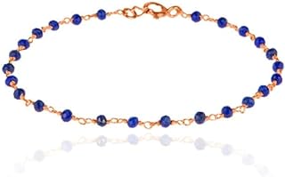 Lapis Lazuli Jade Rosary Beaded Anklet for a Dainty Delicate Look, Best Gift for Her in Rose Gold Plated Sterling Silver 925 Satelite Chain