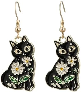 Cat Dangle Earrings, Cute Black Cat Flower Earrings for Women Cat Lover Jewelry Gift