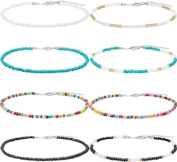 Hicarer Seed Bead Choker Necklace Tiny Beaded Choker Boho Colorful Choker Necklace Chain Jewelry for Women and Girls, Adjustable 12-16 Inches (Color Set 1, 8 Pieces)