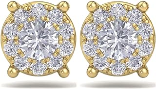 Unisex Yellow Gold Plated Sterling Silver Round Hip Hop Stud Earrings with Cubic Zirconia Flower Cluster and Screw Back Finding