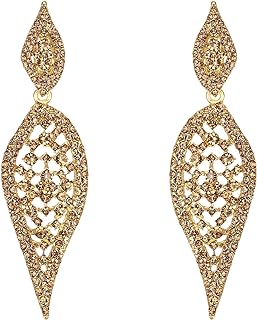 EVER FAITH Vintage Style Rhinestone Crystal Dangle Earrings 2 Leaf Hollow-out Statement Clip-on Chandelier Earrings for Women