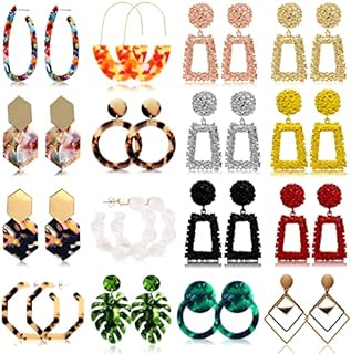 16 Pair Set of Rhinestone Rectangle Dangle Earrings for Women with Geometric Design - Stainless Steel & Acrylic, Comfortable Back Finding for Sensitive Ears