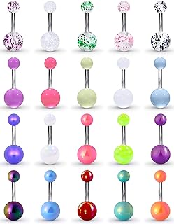 Ftovosyo 20-Piece Glow in the Dark Surgical Steel Belly Button Rings Set for Women and Girls featuring Colored, Glitter and Solid Designs