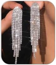 Rhinestone Tassel Earrings Sparkly Long Fringe Crystal Chandelier Dangle Drop Earrings Wedding Party Prom Earrings Premium Iridescent Earrings Wedding Party Jewelry Gifts for Women