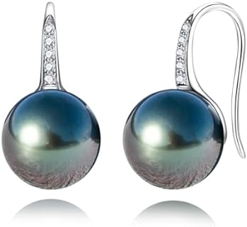 Stunning 9-11mm Tahitian Black Pearl & Moissanite Drop Earrings with French Wire Backs, 10K White Gold - Ideal for Elegant Women - Dangling Design
