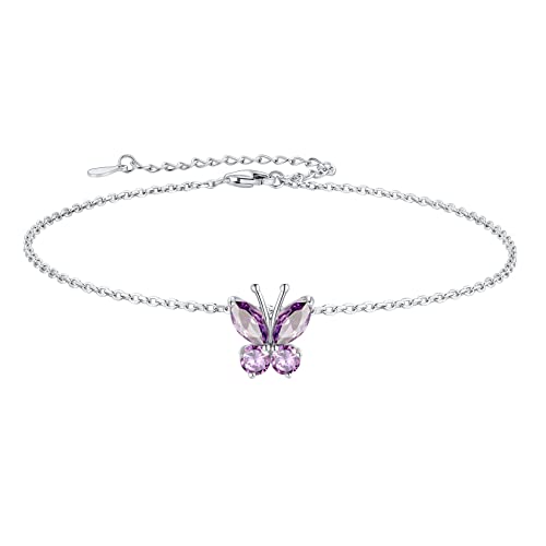 SILVERCUTE Butterfly Anklets for Women, S925 Foot Bracelet Birthstone Anklets Sterling Silver Adjustable Beach Anklet Length 8.5"-10.5"