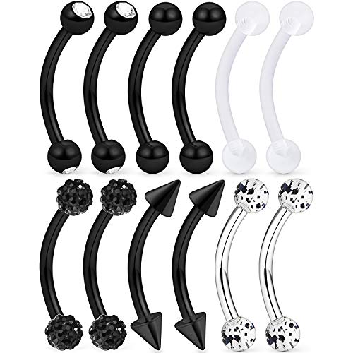 Lcolyoli 12 Pcs 16G Surgical Steel Eyebrow Piercing Rings Clear Diamond CZ Curved Barbell Rook Daith Piercing Retainer Body Jewelry for Women Men