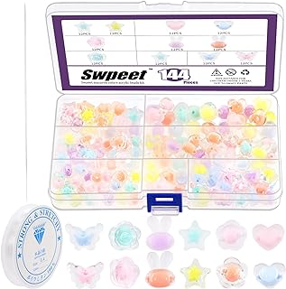 Swpeet 147Pcs Vibrant Macaron Acrylic Beads, Cartoon Bunny & Assorted Shapes, Glass, Plastic, Metal Components Bracelet Kit with Beading Needles and Elastic Cord for Crafting Kids' DIY Jewelry