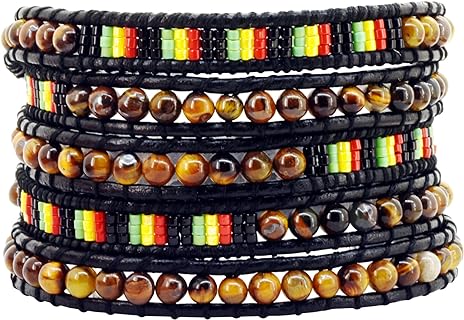 Rasta Bead Bracelet with Rope Chain and Buckle for Women - Bohemian Leather Design by Mandala Crafts