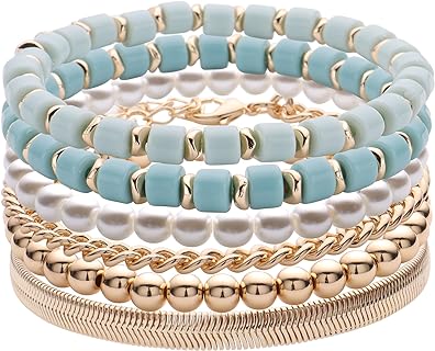 Light Pink Blue Black White Boho Statement Beaded Bracelet Set for Women Girls Gold Chain Bracelet Sets of 6 for Women Girls