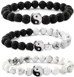 2-3Pcs Handmade Yin Yang Natural Stone Bead Bracelet Set for Women Men Best Friend Adjustable Braided Cord Strand Tai Chi Gossip Couple Matching Bracelet Friendship Jewelry Gift