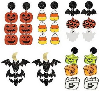 Women's Halloween Acrylic Earrings Set - Cute Ghost, Pumpkin, Bats Dangle Designs with French Wire Back Finding, Durable Zinc Alloy