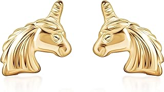 PORI JEWELERS 14K Solid Gold Unicorn Small Stud Earrings - With Gold Butterfly Backings Closure - Dainty Small Stud Earrings For Women And Kids Alike