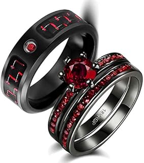 Two Rings His Hers Wedding Ring Sets Couples Matching Rings Women's 2pc Black Gold Filled Red CZ Wedding Engagement Ring Bridal Sets Men's Stainless steel Wedding Band