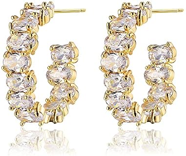 Cubic Zirconia C Hoop Earrings with Push Back for Women, 14k Gold Plated Alloy, Elegant Design for Daily and Special Events